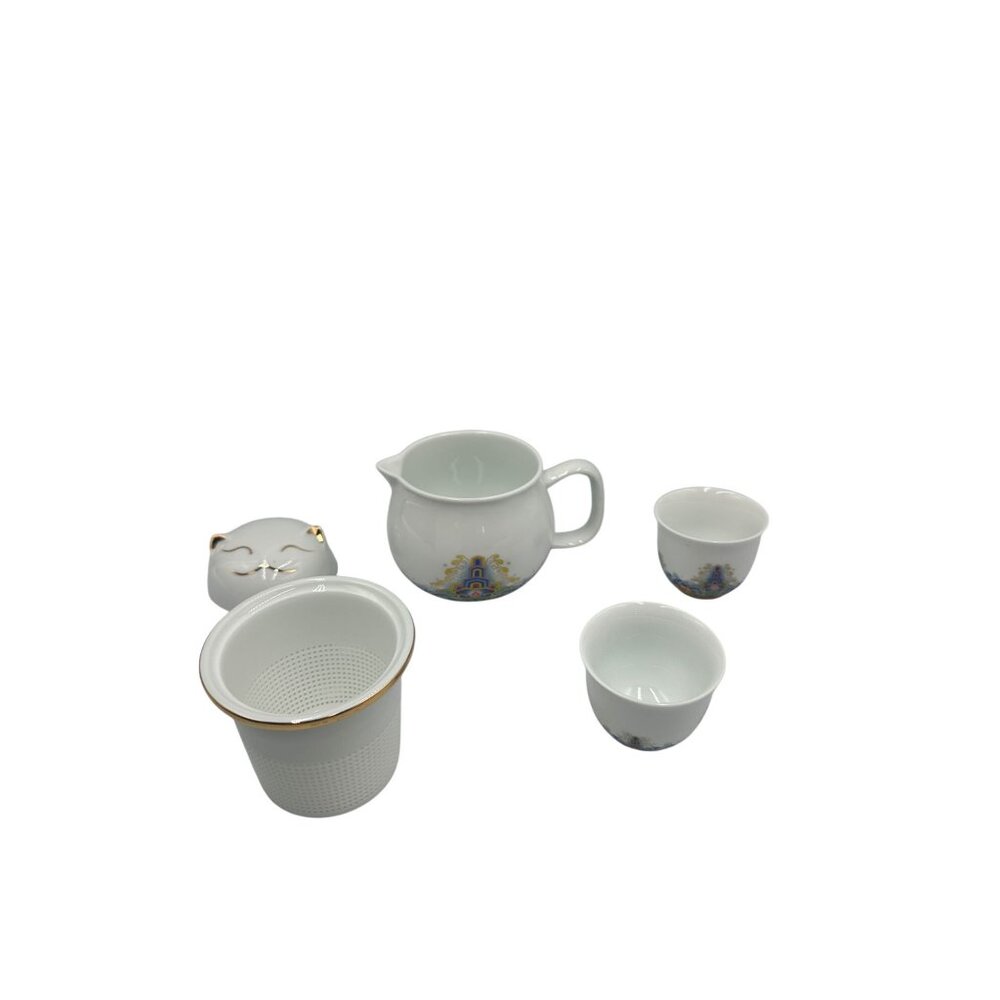 Ceramic Cat-Themed Portable Tea Set With Case Gold Accents White & Multicolor